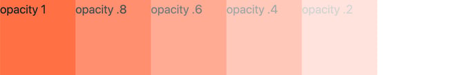 Six div elements side by side styled with the CSS opacity property to go from completely opaque to completely transparent